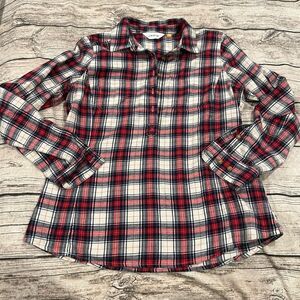 Orvis Plaid Flannel Popover Shirt With Buttons Halfway Down Size Medium